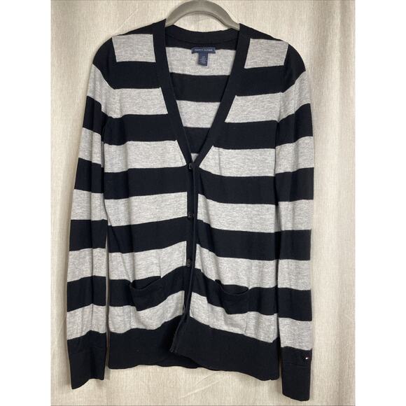 Tommy Hilfiger V-neck Cardigan Size Small - Grey & Black Striped Button Up - Picture 1 of 7
